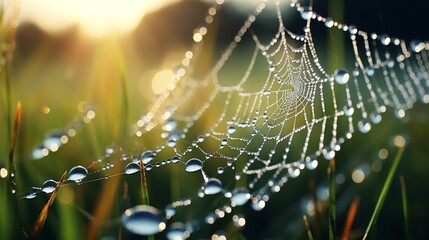 Glistening dewdrops on a spider's delicate web in the early morning light amidst a dense meadow