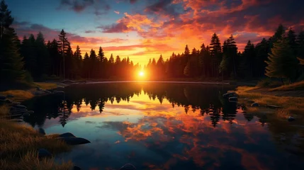 Foto op Plexiglas Reflectie Sunset illuminating a tranquil forest clearing with a mirrored lake reflecting the vibrant colors of the sky