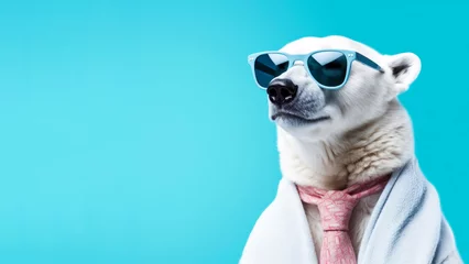 Fototapeten White polar bear in sunglasses against a stylish blue backdrop © spyrakot
