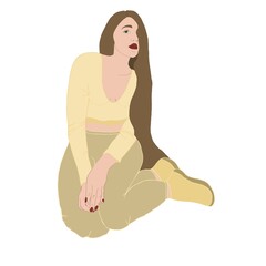 A laconic illustration of a girl with long hair without shadows in a tracksuit and sneakers. Girl resting