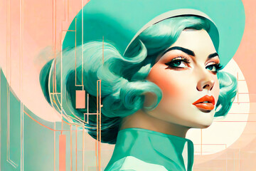 Vector illustration in velvety peach tones. Portrait of futuristic fashion woman in the retro futurism style. Trending color concept of the year 2024 Peach Fuzz. - obrazy, fototapety, plakaty