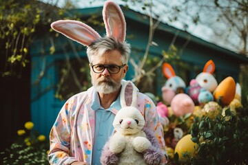 Easter bunny. Portrait of senior man with rabbit ears in the garden. - obrazy, fototapety, plakaty