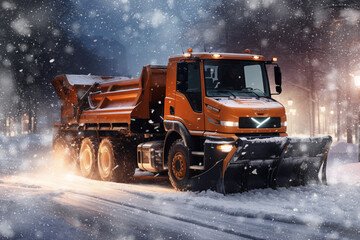 An orange snowplow drives down city streets clearing them. Heavy snowfall with poor visibility. Emergency city service in winter. Snow storm, cyclone. Snow debris on the roads.