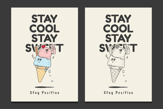 retro posters with a cute ice cream cartoon character, vector illustration