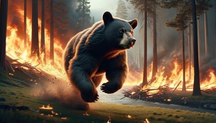 Bear Escaping Wildfire - obrazy, fototapety, plakaty