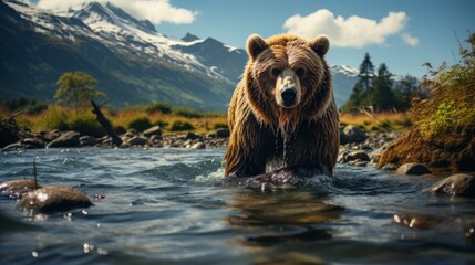A brown bear wanders along a mountain river against the backdrop of a breathtaking landscape with snow-capped mountain peaks. Concept: a dangerous animal searching for food in the wild near a pond