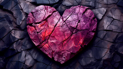 Heart made of stone carved in vibrant dark pink and purple color on dark rock background ,textured patterns with cracks