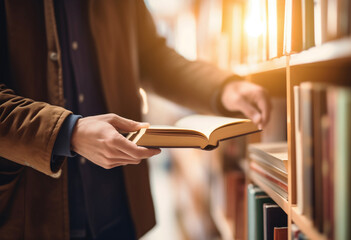 Obraz premium close up of an unrecognizable person picks up book from the shelf in library