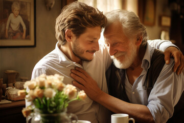 Adult son fun hugging old senior father grandfather. Men happy in father's day with love of family - obrazy, fototapety, plakaty