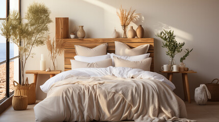 Fototapeta na wymiar Minimalist setting featuring white folded duvet on bed showcasing simplicity and elegance in home textile arrangement, AI Generated
