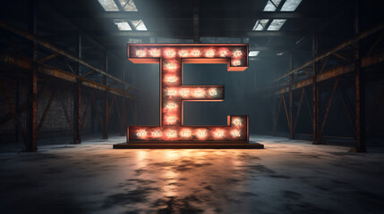 3D rendering of framed lighten E alphabet shape on ground