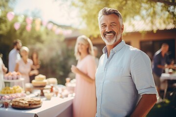 Handsome mature man is smiling and looking at camera while standing in front of his friends at a birthday party outdoors