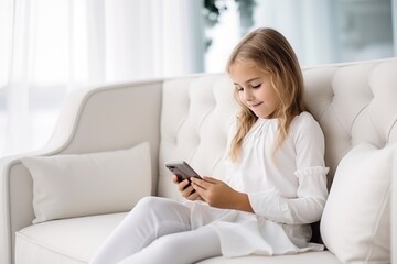 Little girl playing game on tablet and sitting on sofa