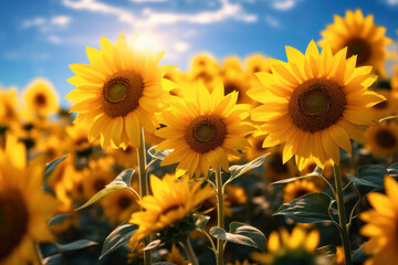 Obraz premium A gentle breeze wafting through a sunflower field, carrying the sweet aroma of vibrant yellow blooms. Concept of floral abundance. Generative Ai.