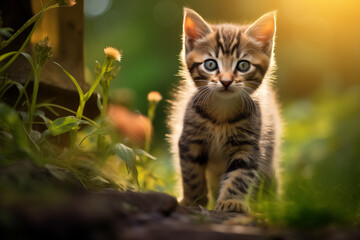 Naklejka na ściany i meble cat on the grass. Portrait of a charming kitten. Kitten in autumn. Autumn kitten portrait. Cute kitten in autumn nature