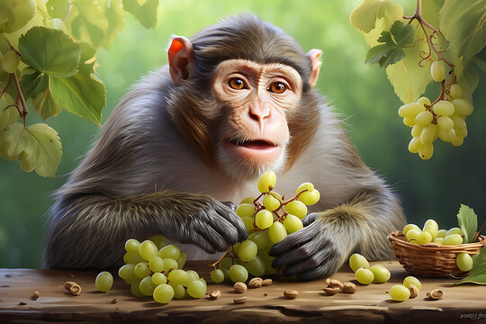 A monkey eating grapes, behind him are the leaves of a grape tree.