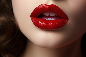 Fototapeta premium Young woman applying red lipstick on lips, closeup