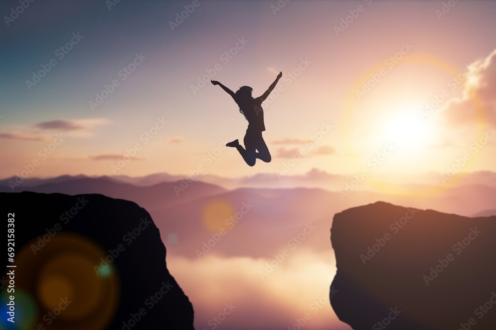 Wall mural Welcome new year 2024, Silhouette jumping on cliff