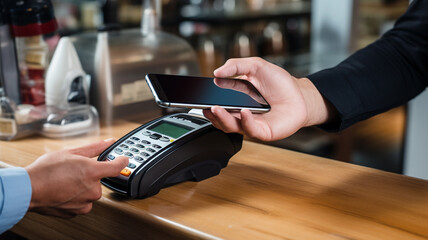 man paying with credit card at restaurant, closeup. - obrazy, fototapety, plakaty