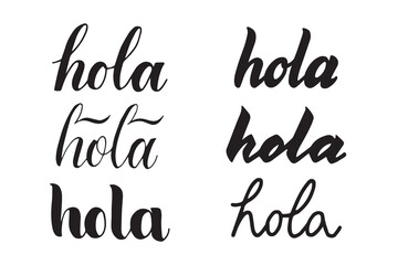 Hola handwritten word in Spanish (hello). Hand lettering typography isolated on white background. Modern brush ink calligraphy. Vector illustration for print on shirt, cup, card, poster, banner © Елена Тагильцева