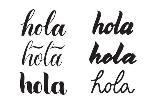 Hola handwritten word in Spanish (hello). Hand lettering typography isolated on white background. Modern brush ink calligraphy. Vector illustration for print on shirt, cup, card, poster, banner
