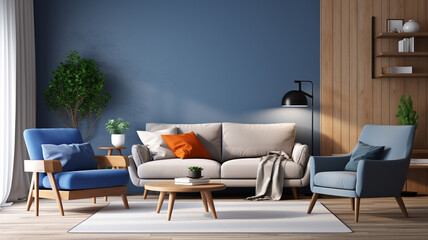 blue and blue modern living room interior with a sofa. 3 d illustration. rendering