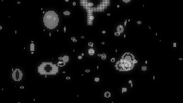  modern black and white overlay animation with dots pattern stylized object flying in black background. For blending your footage to made it more interesting