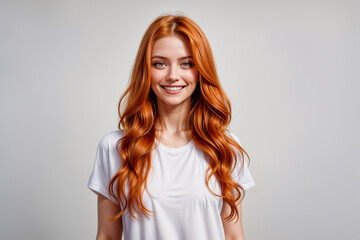 A happy, attractive, smiling, ginger hair young woman wearing a white t-shirt, isolated on a light grey background