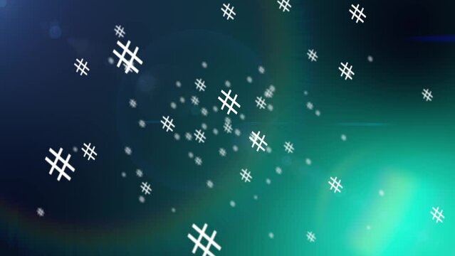 many hashtags spin and fly in a modern background where light shines into the camera and creates an optical flare video effect. Social media symbol for better searching your content on the internet