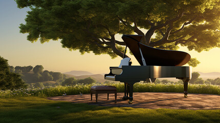  3D rendering of grand piano on grass hill next to a tree