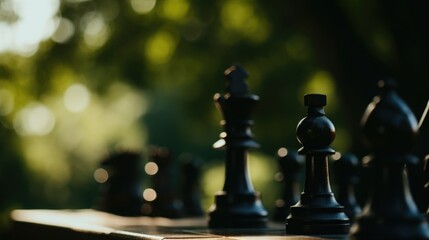 Close-up of a chess game in the park, blurred background of trees and paths - Powered by Adobe