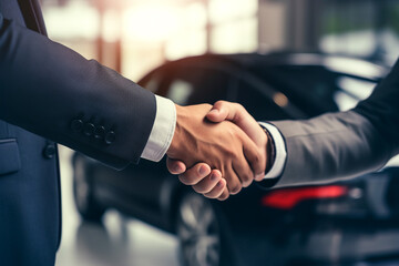 Car dealer and new owner shaking hands in a dealership center. Automobile industry car trade concept