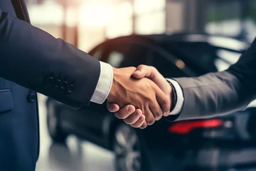 Fotobehang Car dealer and new owner shaking hands in a dealership center. Automobile industry car trade concept © olindana
