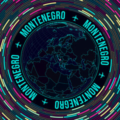 Montenegro on globe. Satellite view of the world centered on Montenegro. Bright neon style. Futuristic radial bricks background. Trendy vector illustration.