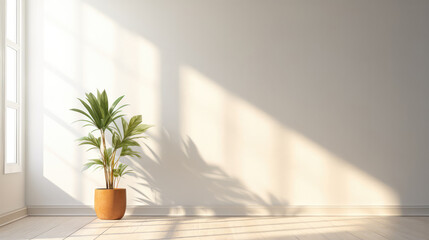 Interior with sun rays coming through the windows and a flower pot with copy space - obrazy, fototapety, plakaty
