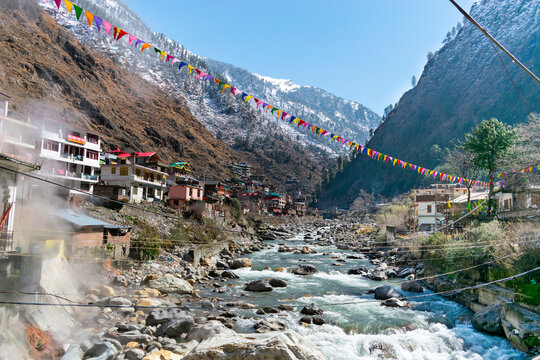 Parvati River flowing between mountains seen from  Manikaran