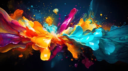 Stof per meter Colorful cloud of paint in a dark background. Vibrant and dynamic abstract image of paint splashing © Stanislav