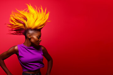 Colorful african woman dancing with hair up on a red background isolated, in the style of light purple and yellow
