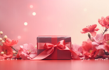 Red gift box tied with silk ribbon with bow flowers on pink background. Holiday presents shopping celebration concept