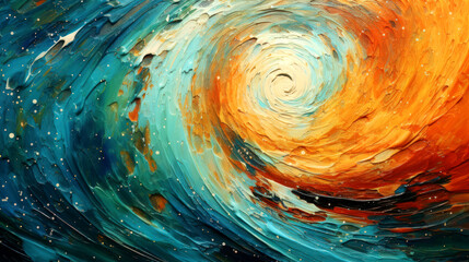 Spiral abstract painting is playful and lively teal and orange design, bold and striking composition