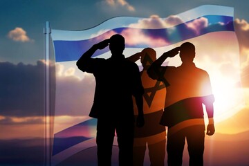 Silhouettes of soliders on Israel flag background