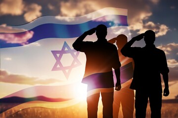 Silhouettes of soliders on Israel flag background