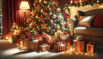 Christmas tree with candles and decorations, gifts under tree, warm room. Generative AI