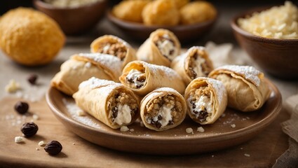 Cannoli, Sicily,A shattering-crisp shell gives way to a creamy cheese filling in this Sicilian classic, rich textures - obrazy, fototapety, plakaty