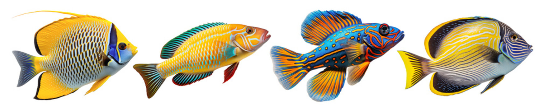 Multicolored aquarium fishes on a transparent background, side view. The Acanthurus, Angelfish, Mandarinfish, King Wrasse saltwater aquarium fish, isolated on a white background.