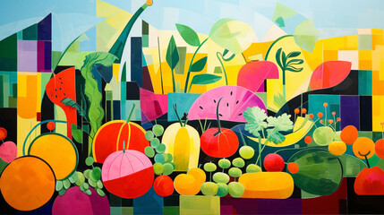 Bright and expressive cubist remix of fruit and vegetable garden background, AI Generated