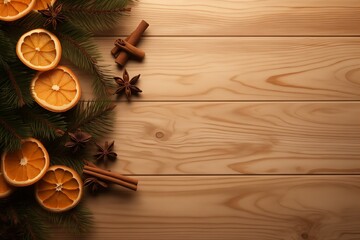 Light background, slightly visible wooden floor, fir branch, cinnamon, candy and dried orange circle
