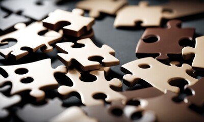 Top view many jigsaw puzzle pieces over the entire frame. A background image of scattered colorful puzzle pieces. Concept of represent of problem solving, teamwork, challenges, completing task - obrazy, fototapety, plakaty