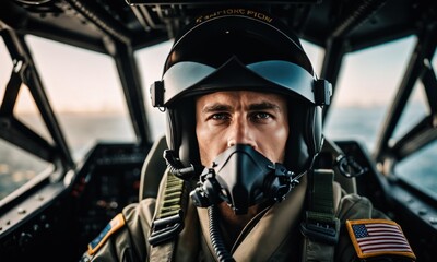Fototapeta premium Portrait of a man pilot wearing helmet and sunglasses in cockpit of fighter jet. Military aircraft