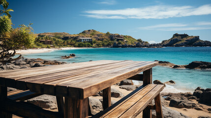 Wooden table on sandy shore offering tranquil view of sea, island, and blue sky, AI Generated